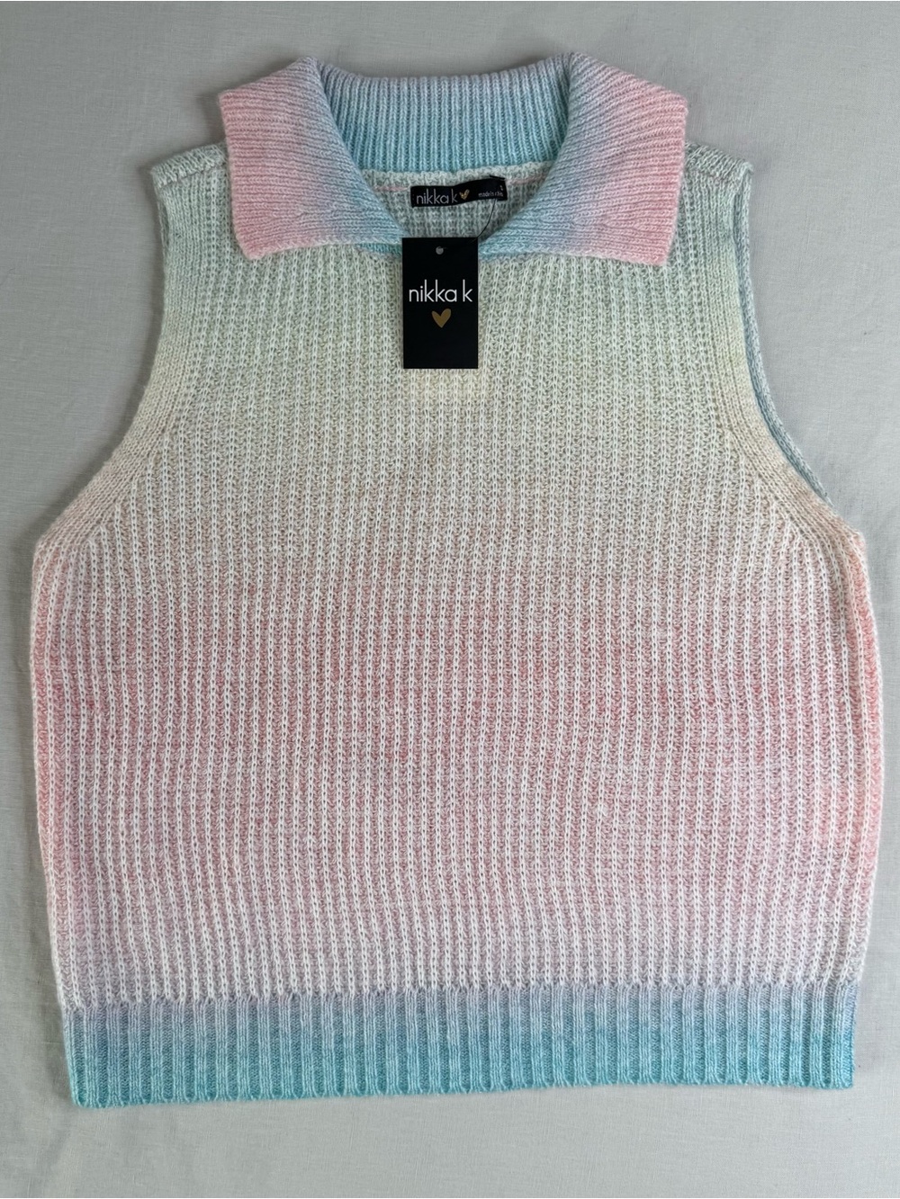 Y2K Aesthetic Ombre Knit Vest Pastel Gradient Collared Sweater Sleeveless -Small